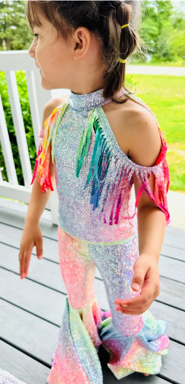 Tie-Dye Holographic Top with Fringe Shoulder&Exaggerated Bell Bottoms for Kids Vibrant and Unique Fashion Ensemble(sold separately)