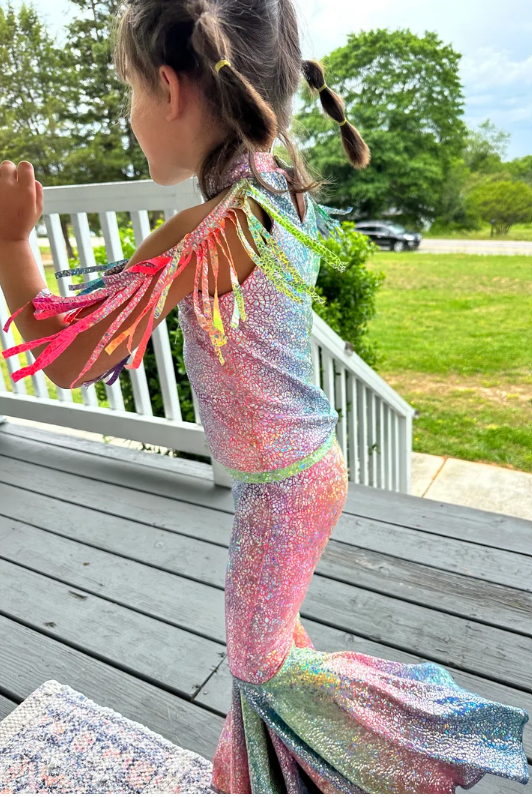Tie-Dye Holographic Top with Fringe Shoulder&Exaggerated Bell Bottoms for Kids Vibrant and Unique Fashion Ensemble(sold separately)