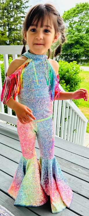 Tie-Dye Holographic Top with Fringe Shoulder&Exaggerated Bell Bottoms for Kids Vibrant and Unique Fashion Ensemble(sold separately)