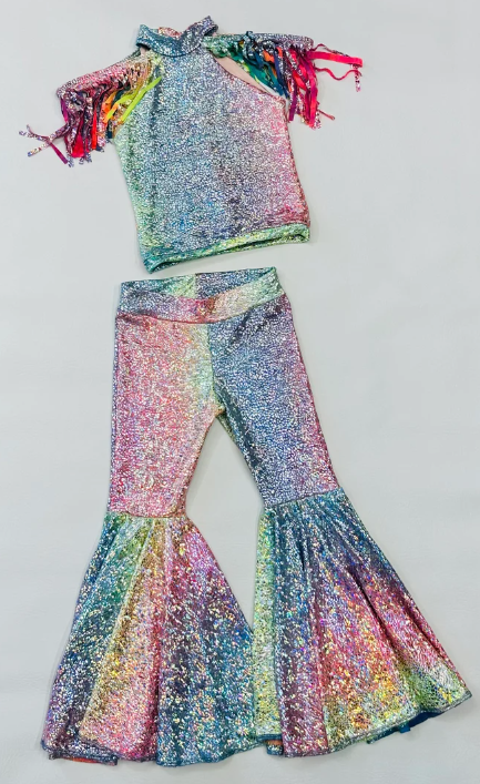 Tie-Dye Holographic Top with Fringe Shoulder&Exaggerated Bell Bottoms for Kids Vibrant and Unique Fashion Ensemble(sold separately)