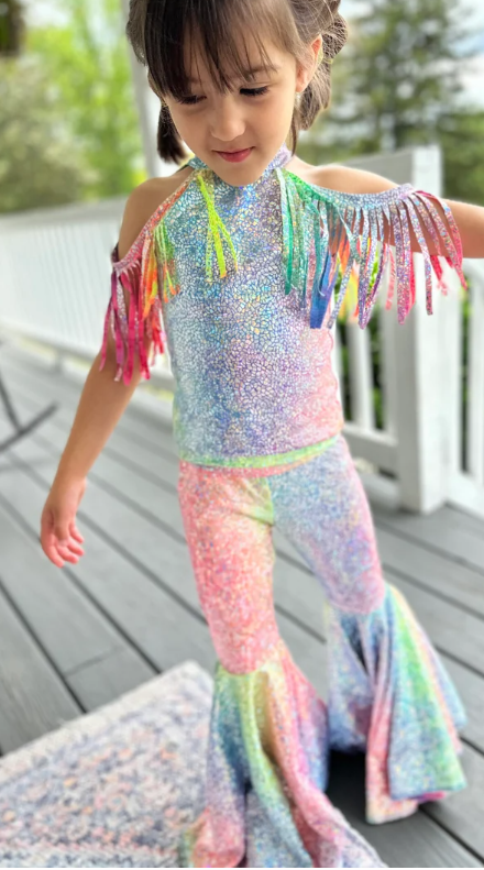 Tie-Dye Holographic Top with Fringe Shoulder&Exaggerated Bell Bottoms for Kids Vibrant and Unique Fashion Ensemble(sold separately)