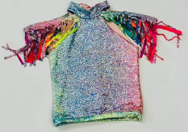 Tie-Dye Holographic Top with Fringe Shoulder&Exaggerated Bell Bottoms for Kids Vibrant and Unique Fashion Ensemble(sold separately)