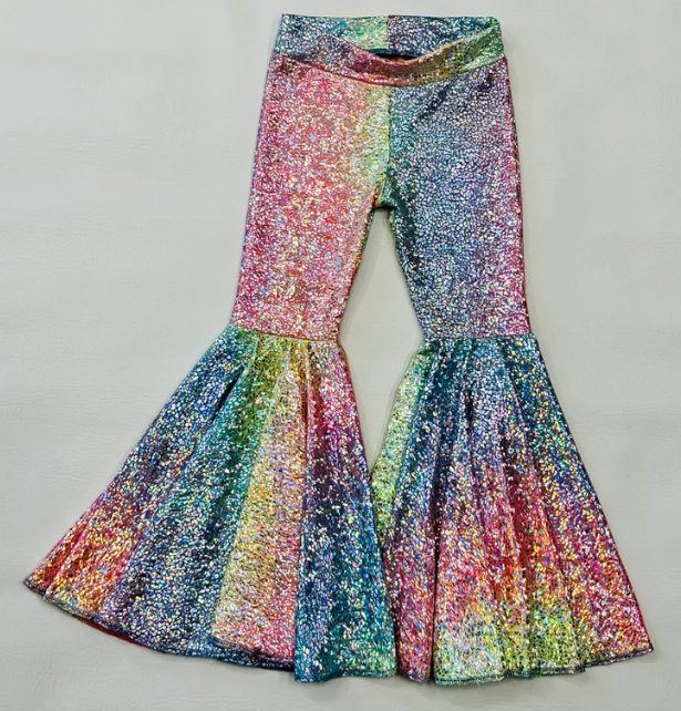 Tie-Dye Holographic Top with Fringe Shoulder&Exaggerated Bell Bottoms for Kids Vibrant and Unique Fashion Ensemble(sold separately)