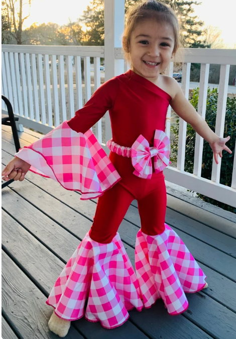 Cupid Asymmetric Jumpsuit+Bow Belt|Flare Bell Jumpsuit|One Shoulder Jumpsuit|Girl birthday outfits|Valentines Day Outfit|Wholesome Goods Co