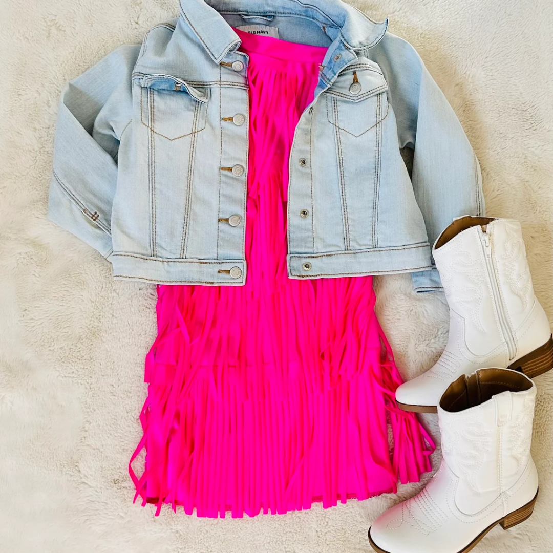 Electric Cowgirl Boho Chic Rodeo Ready One Shoulder Fringe Dress for Free-Spirited Kids - Available in Multiple Colors