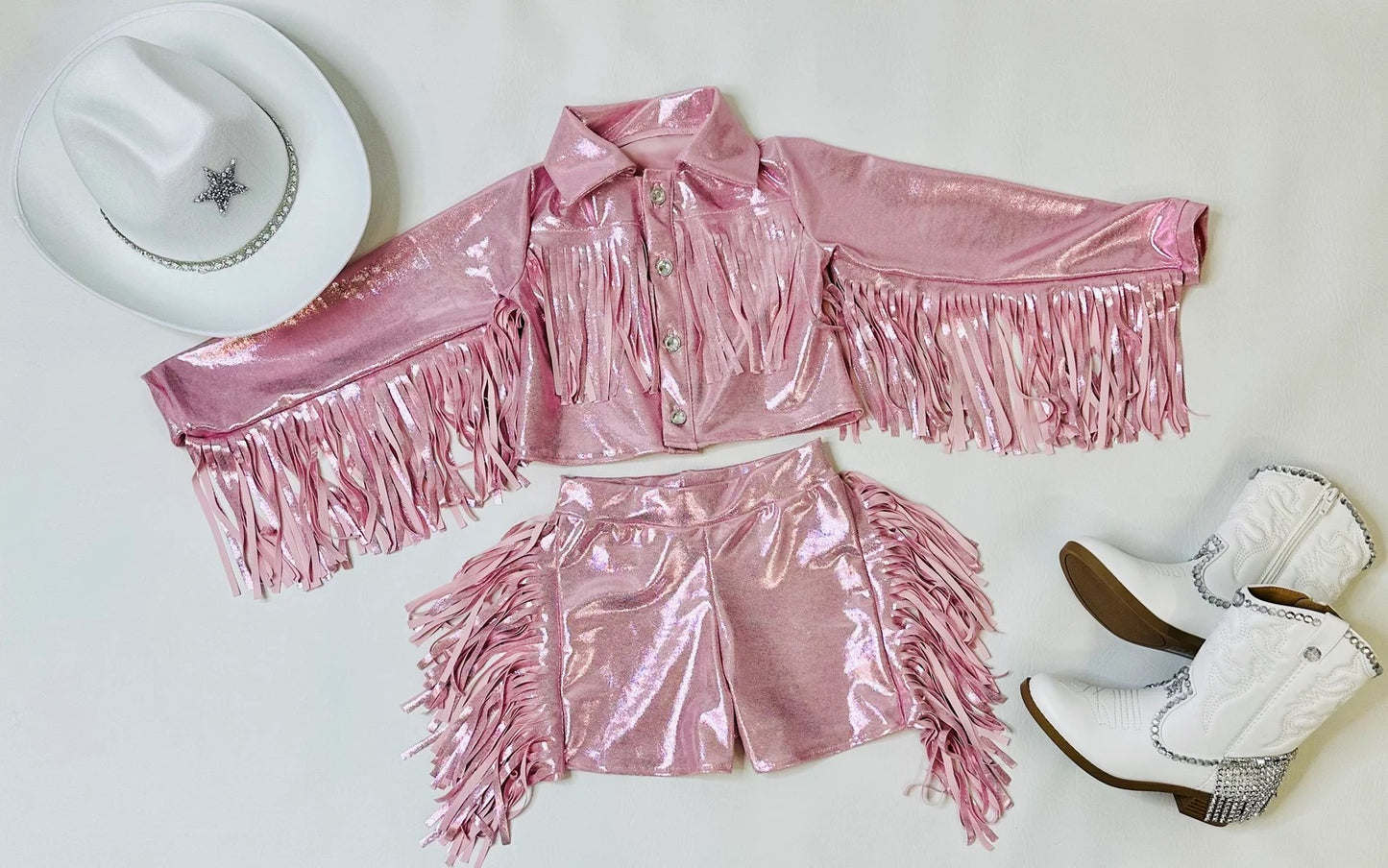 Girls Pink Western Fringe Jacket & Shorts Set | Handmade Cowgirl Outfit
