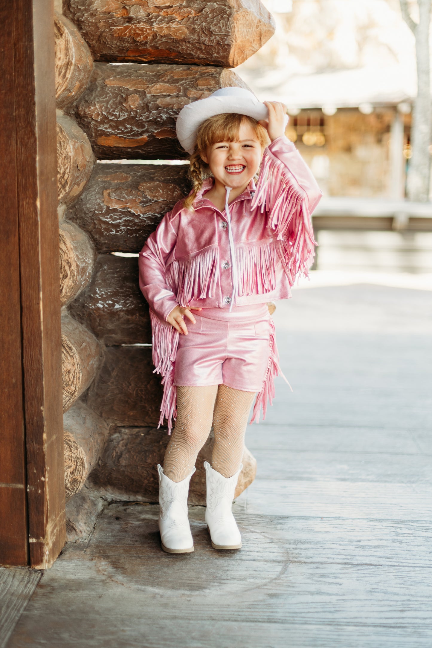Girls Pink Western Fringe Jacket & Shorts Set | Handmade Cowgirl Outfit