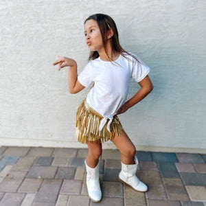 Fringe mini skirt vegan leather faux suede lycra spandex junior