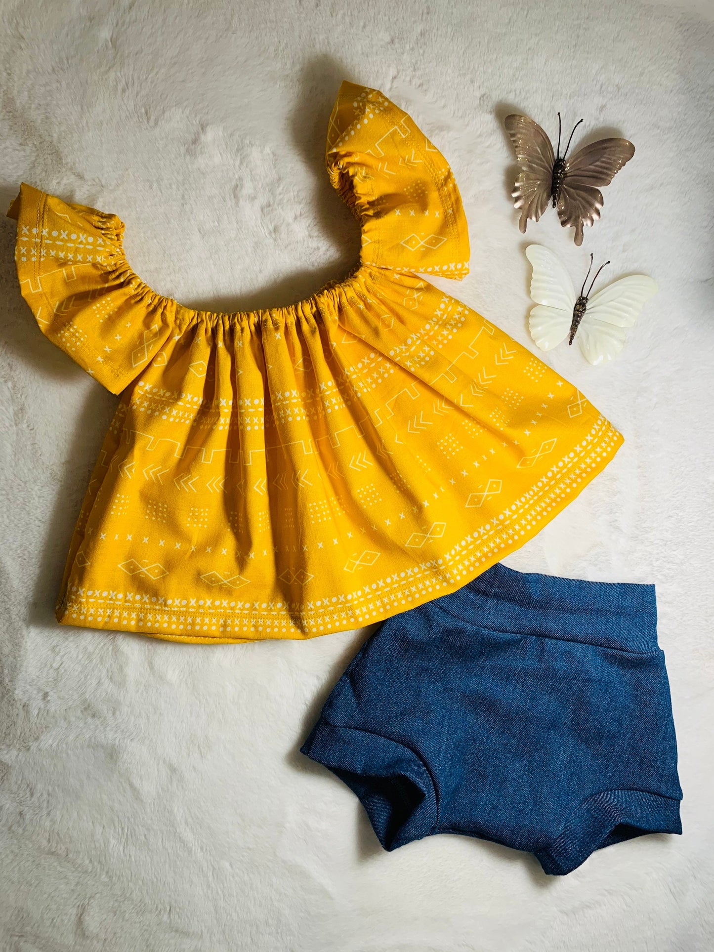 Sunrise Tribal Off Shoulder Top Stretchy Denim Bloomer and Ivory Doughnut Headwrap. Kids bohemian style clothes. Jeans Bummies diaper cover
