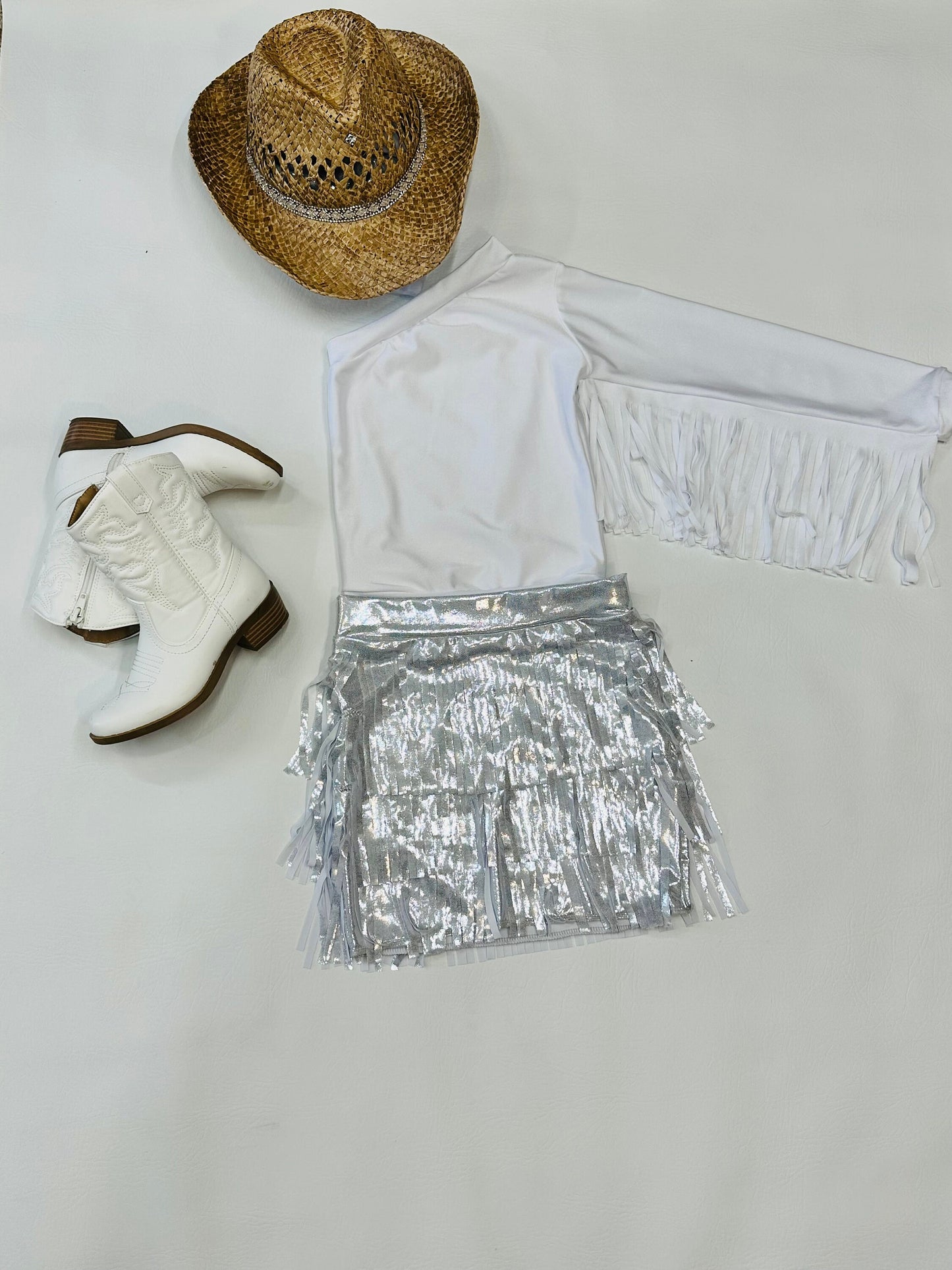 Cowgirl Glam - Fringe Skirt, One-Shoulder Fringe Sleeve Top (Sold Separately) Customize Yours! Choose Your Color By Wholesome Goods Co