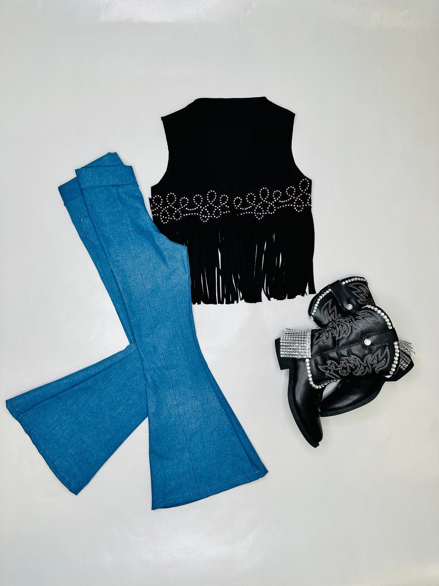 Girls' Western Flair Ensemble: Cow Spot Fringe Top, Flared Denim and Suede Vest|Custom Cowgirl Hat & Boots Sold Separately|Wholesome Goods