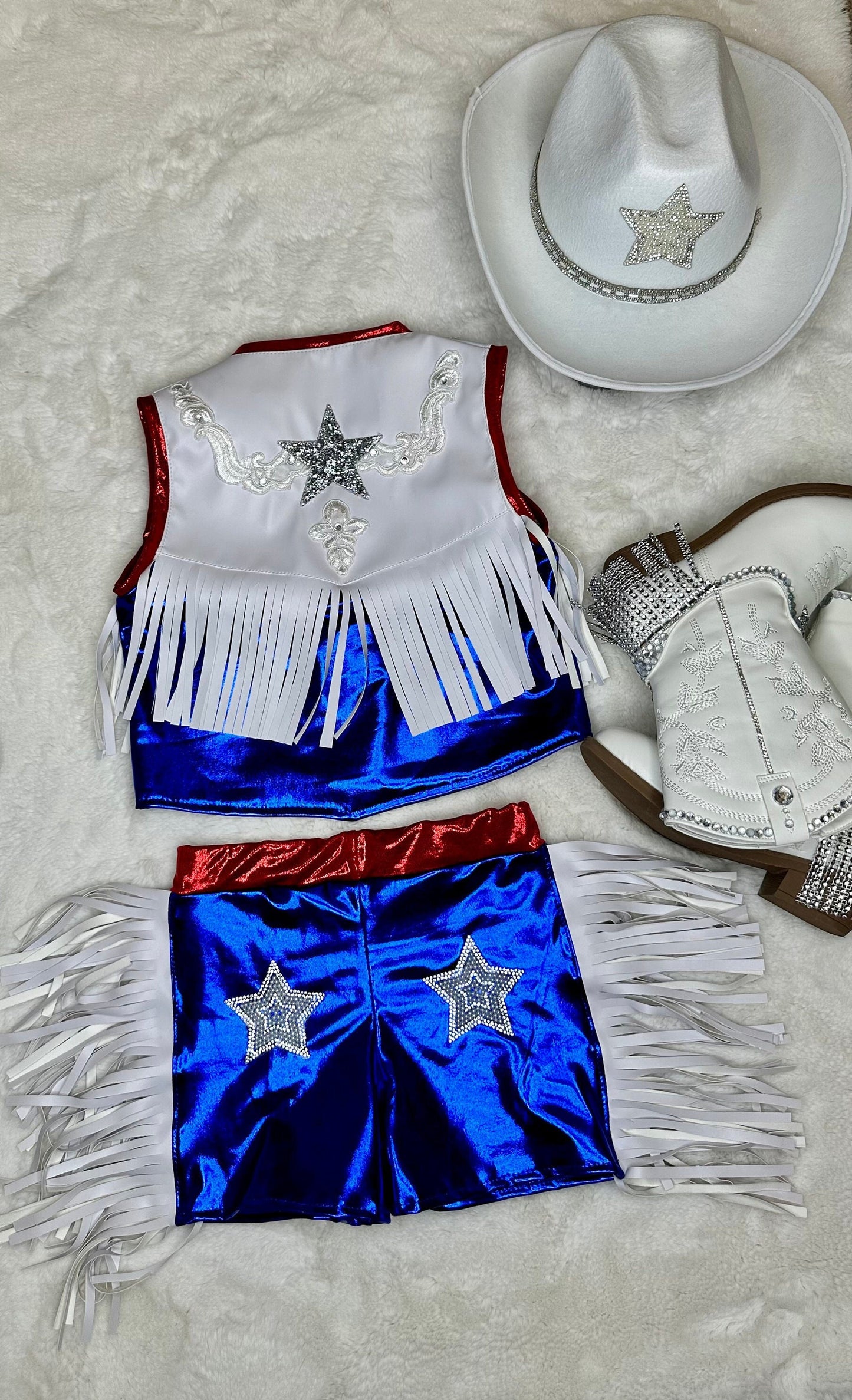 Western Patriotic America Cowgirl Set|Texas Fringe Vest and Shorts|Kids to Young Adult Sizes|Hat and Boots SOLD SEPARATELY Wholesome Goods