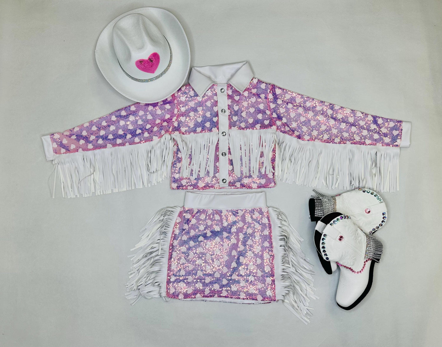 Girls Sparkly Sequin Western Jacket & Skirt Set|CowgirlOutfit Pink or Red Heart Pattern|Toddler to Junior Sizes|Hat+Boots Sold Separately