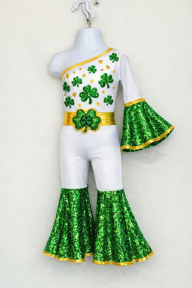 Lucky Charm Royale Shamrock Jumpsuit with Sequin Bell Bottoms & Train