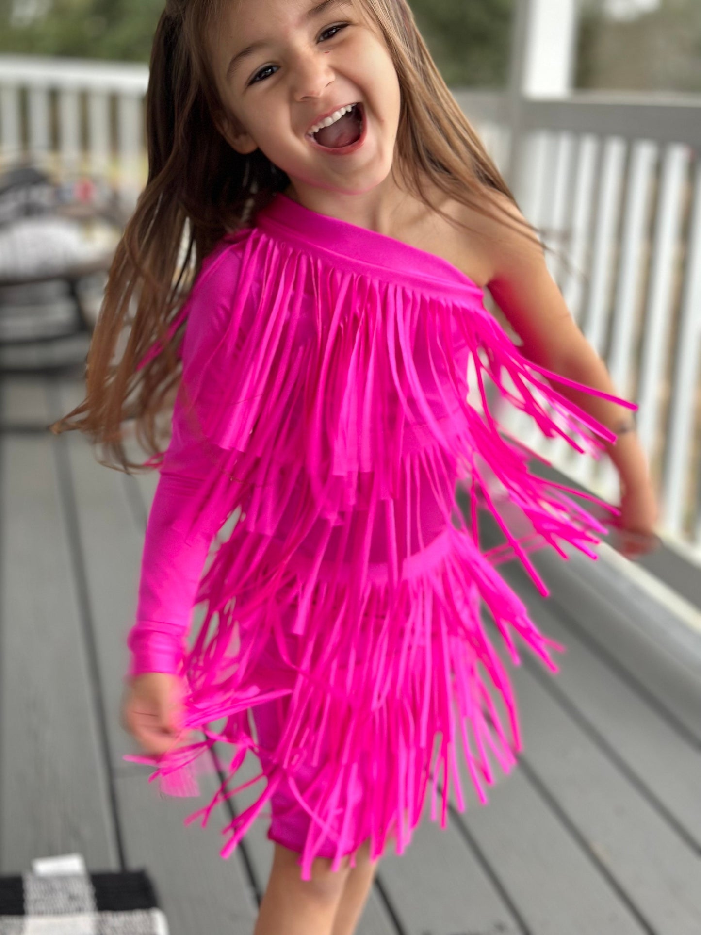 Electric Cowgirl Boho Chic Rodeo Ready One Shoulder Fringe Dress for Free-Spirited Kids - Available in Multiple Colors and Sleeve Styles.