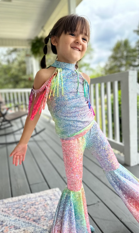 Tie-Dye Holographic Top with Fringe Shoulder&Exaggerated Bell Bottoms for Kids Vibrant and Unique Fashion Ensemble(sold separately)