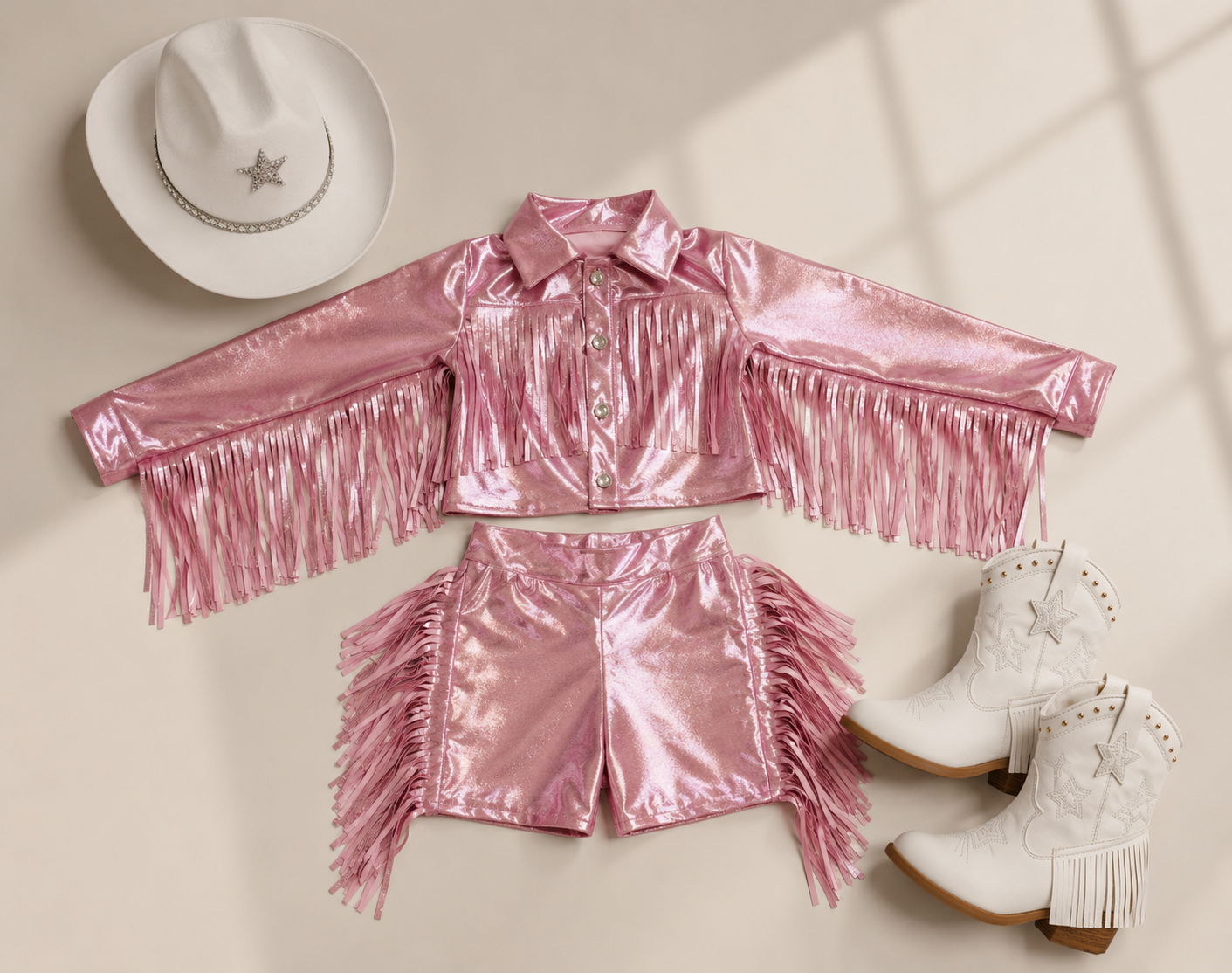 Girls Pink Western Fringe Jacket & Shorts Set | Handmade Cowgirl Outfit