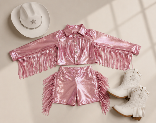 Girls Pink Western Fringe Jacket & Shorts Set | Handmade Cowgirl Outfit