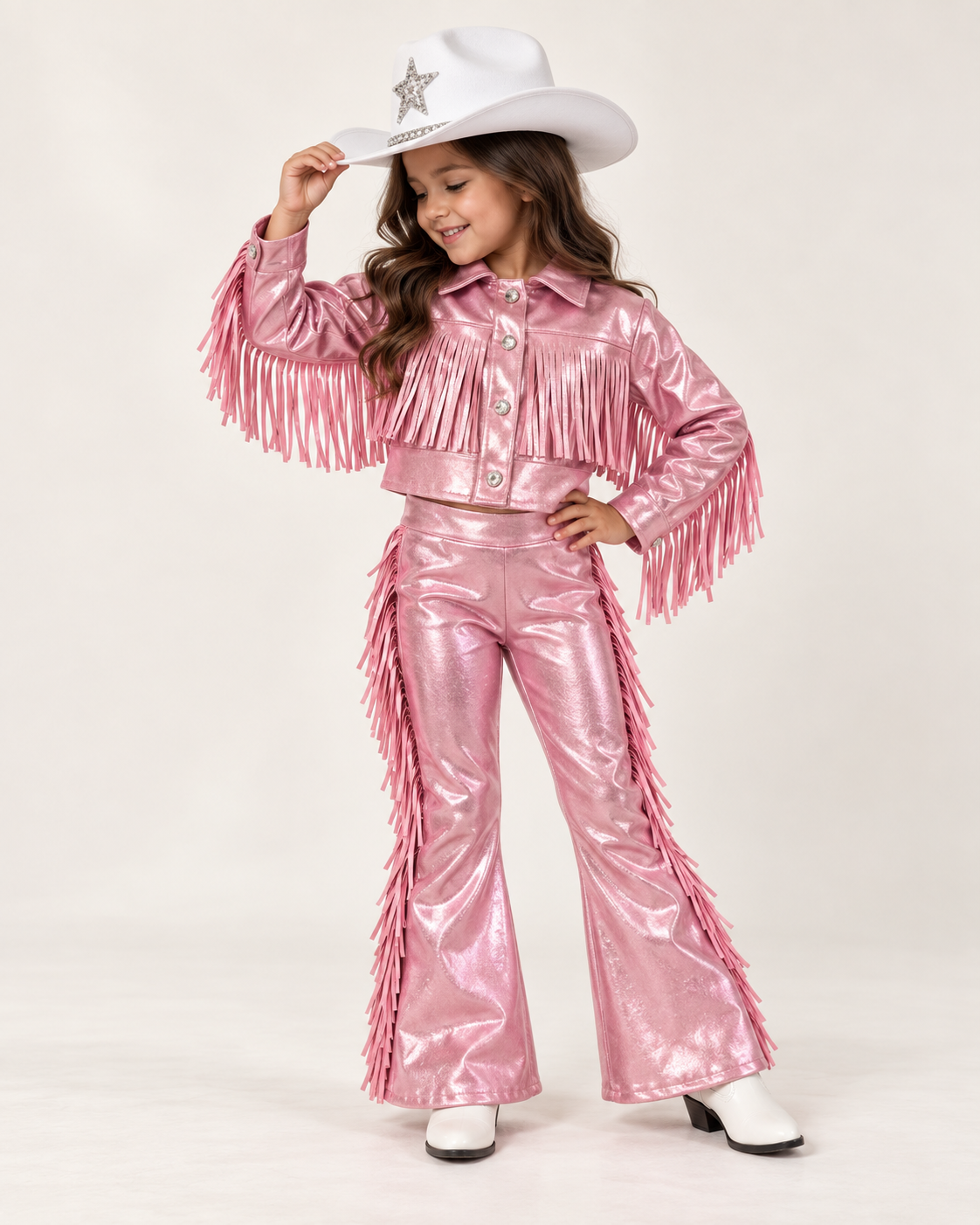 Girls Metallic Western Fringe Set | Handmade Cowgirl Jacket & Bell Bottom Pants | Sizes 6–16