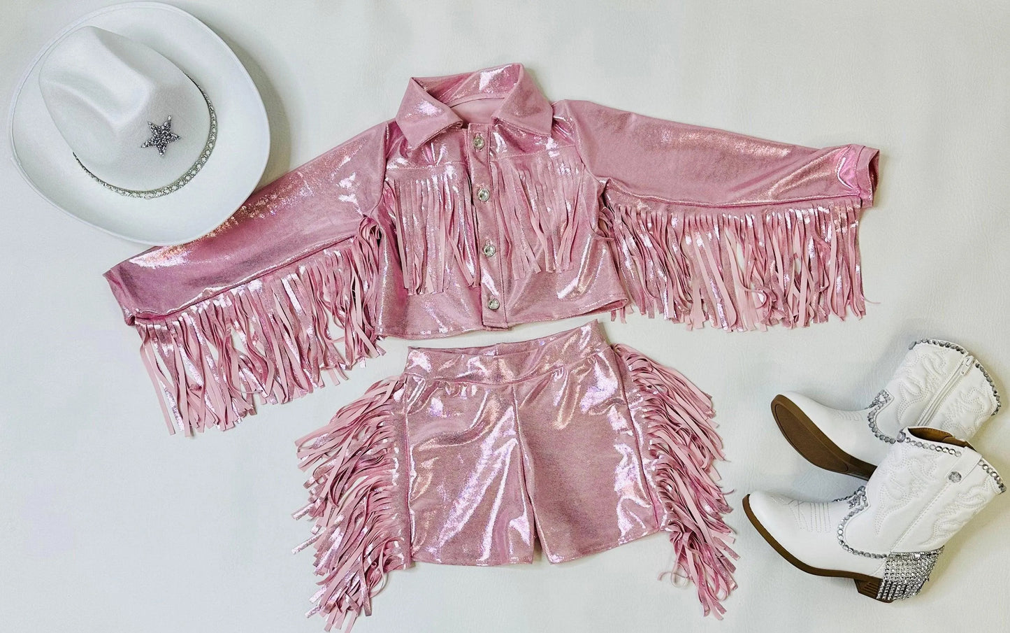 Girls Pink Western Fringe Jacket & Shorts Set | Handmade Cowgirl Outfit
