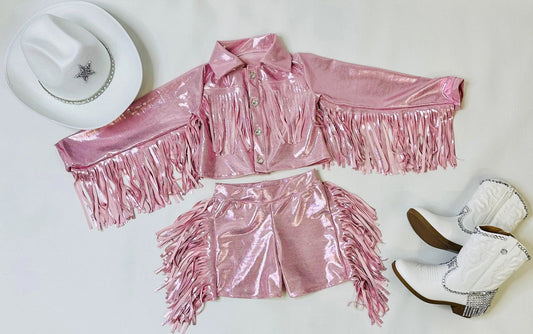 Girls Pink Western Fringe Jacket & Shorts Set | Handmade Cowgirl Outfit