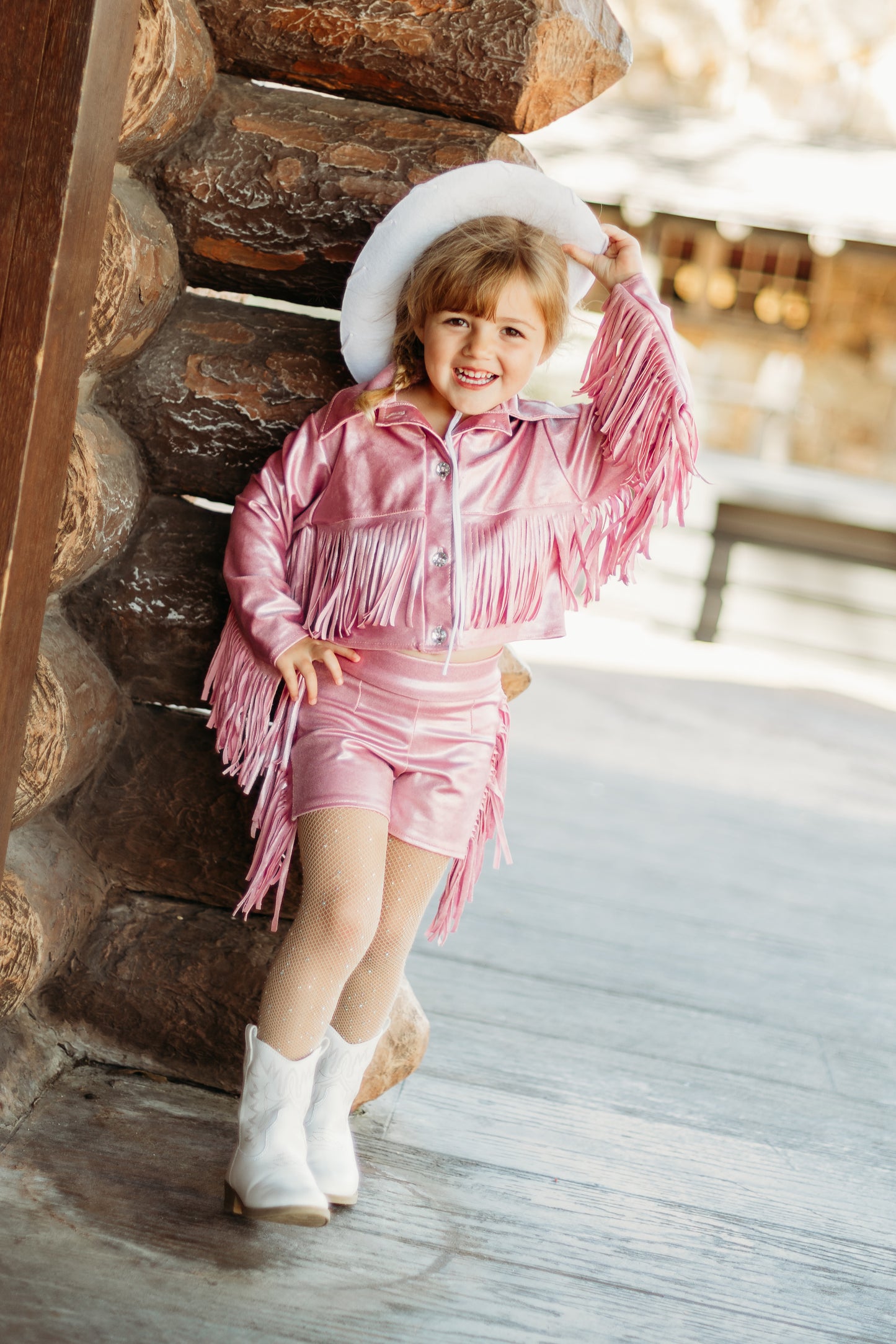 Girls Pink Western Fringe Jacket & Shorts Set | Handmade Cowgirl Outfit