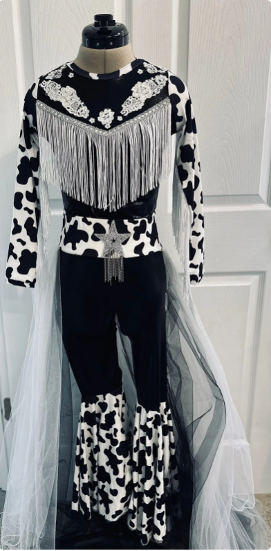 Western Glam Pageant Outfit: 'Let There Be Cowgirls' with Shimmering Black Mystique, Cow Print Accents & Tulle Skirt—By Wholesome Goods Co