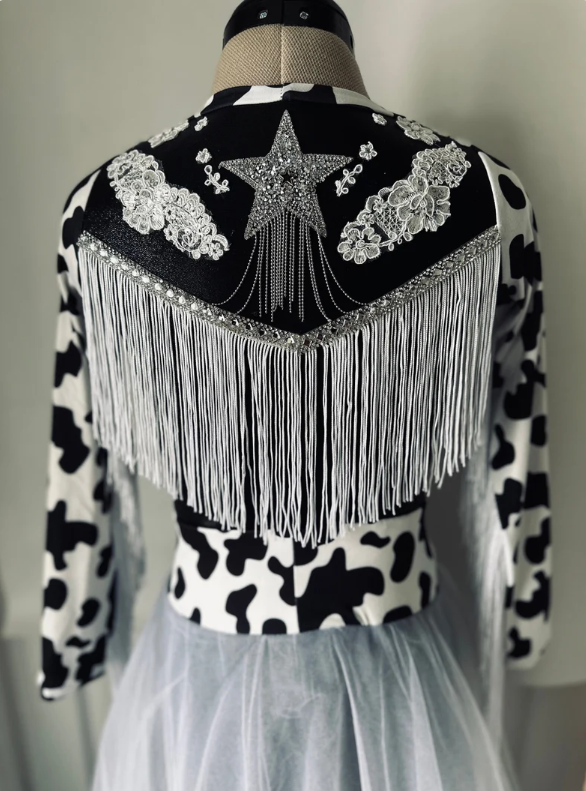 Western Glam Pageant Outfit: 'Let There Be Cowgirls' with Shimmering Black Mystique, Cow Print Accents & Tulle Skirt—By Wholesome Goods Co