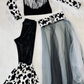 Western Glam Pageant Outfit: 'Let There Be Cowgirls' with Shimmering Black Mystique, Cow Print Accents & Tulle Skirt—By Wholesome Goods Co