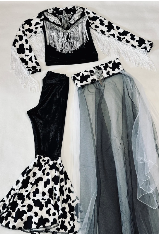 Western Glam Pageant Outfit: 'Let There Be Cowgirls' with Shimmering Black Mystique, Cow Print Accents & Tulle Skirt—By Wholesome Goods Co