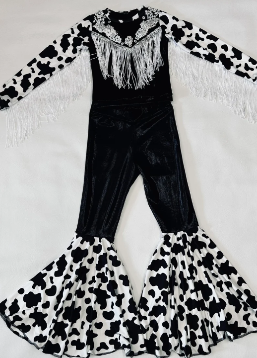 Western Glam Pageant Outfit: 'Let There Be Cowgirls' with Shimmering Black Mystique, Cow Print Accents & Tulle Skirt—By Wholesome Goods Co