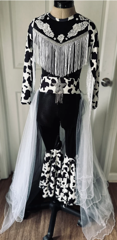 Western Glam Pageant Outfit: 'Let There Be Cowgirls' with Shimmering Black Mystique, Cow Print Accents & Tulle Skirt—By Wholesome Goods Co