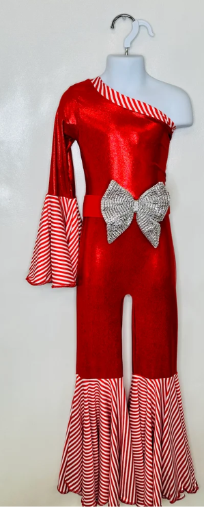 Candy Cane Christmas Jumpsuit for Kids Also Available In Adult Sizes|Detachable Train, Bow Belt, Hair Bow, Wrist Cuffs|Sold Separately