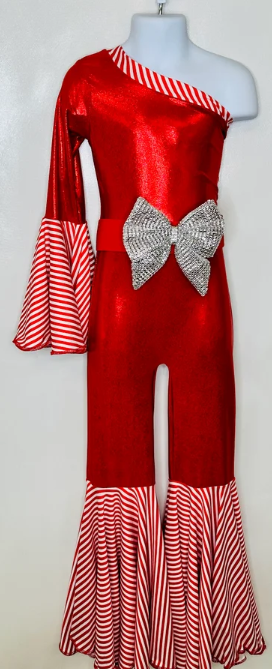 Candy Cane Christmas Jumpsuit for Kids Also Available In Adult Sizes|Detachable Train, Bow Belt, Hair Bow, Wrist Cuffs|Sold Separately