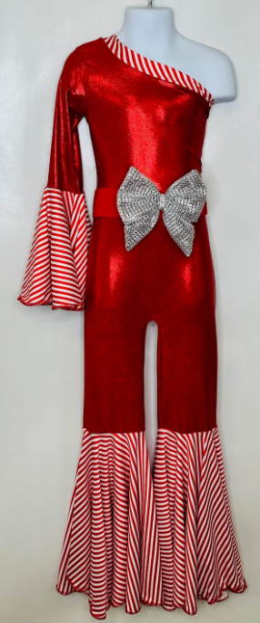 Candy Cane Christmas Jumpsuit for Kids Also Available In Adult Sizes|Detachable Train, Bow Belt, Hair Bow, Wrist Cuffs|Sold Separately