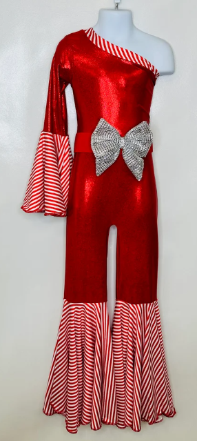 Candy Cane Christmas Jumpsuit for Kids Also Available In Adult Sizes|Detachable Train, Bow Belt, Hair Bow, Wrist Cuffs|Sold Separately