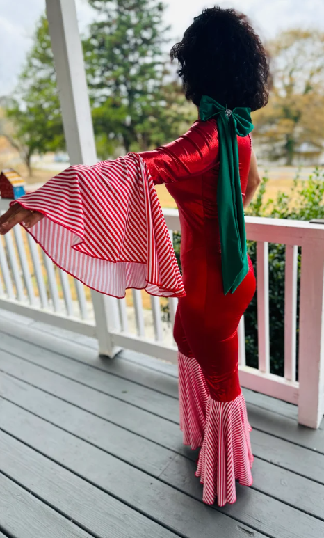 Candy Cane Christmas Jumpsuit for Kids Also Available In Adult Sizes|Detachable Train, Bow Belt, Hair Bow, Wrist Cuffs|Sold Separately