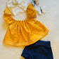 Sunrise Tribal Off Shoulder Top Stretchy Denim Bloomer and Ivory Doughnut Headwrap. Kids bohemian style clothes. Jeans Bummies diaper cover