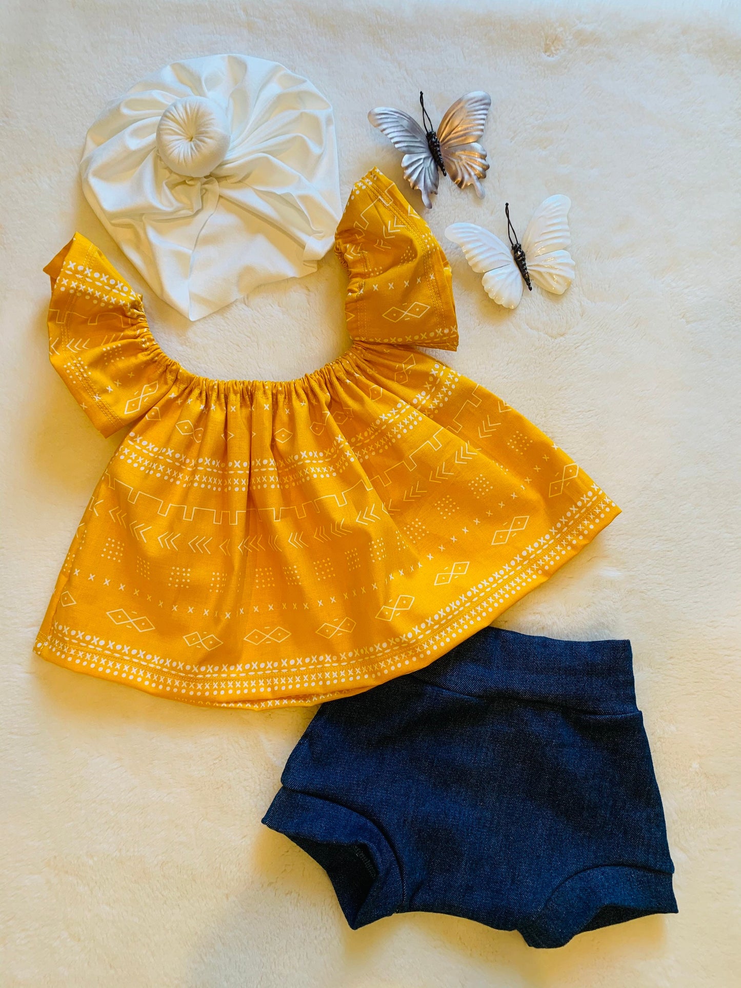 Sunrise Tribal Off Shoulder Top Stretchy Denim Bloomer and Ivory Doughnut Headwrap. Kids bohemian style clothes. Jeans Bummies diaper cover