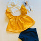 Sunrise Tribal Off Shoulder Top Stretchy Denim Bloomer and Ivory Doughnut Headwrap. Kids bohemian style clothes. Jeans Bummies diaper cover