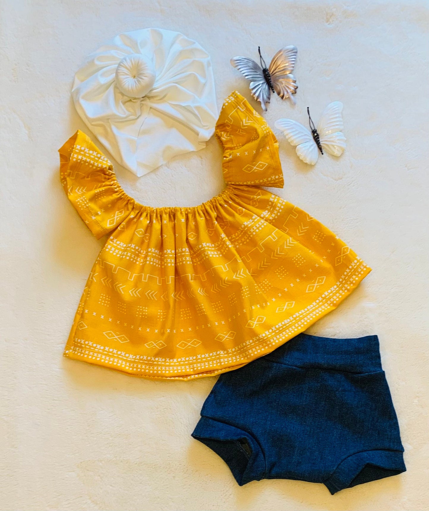 Sunrise Tribal Off Shoulder Top Stretchy Denim Bloomer and Ivory Doughnut Headwrap. Kids bohemian style clothes. Jeans Bummies diaper cover