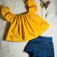 Sunrise Tribal Off Shoulder Top Stretchy Denim Bloomer and Ivory Doughnut Headwrap. Kids bohemian style clothes. Jeans Bummies diaper cover
