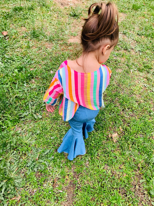 Angie Stretch Jeans Flare Bells With Distressed Hem And Jane Crossed Back Shirt|Ruffle Shirt|Boho Chic Clothes|70s style clothing