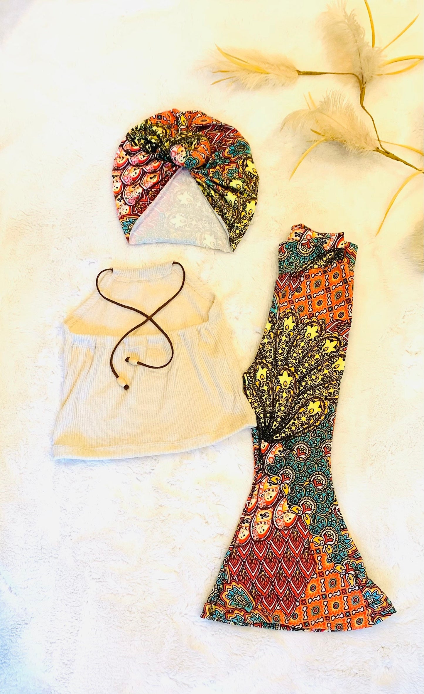 Phoenix Bell Bottoms and Sand Ribbed Halter Top |Kids Bell Bottoms|Newborn Flare Pants|Halter Shirt|Hippie Flare Pants|Boho Chic Clothing