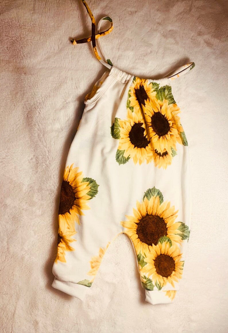 Handmade Sunflower Baby Romper Comfy & Slouchy|Newborn to Kids Sizes|Matching Turbans in Bow or Doughnut Style Sold Separately