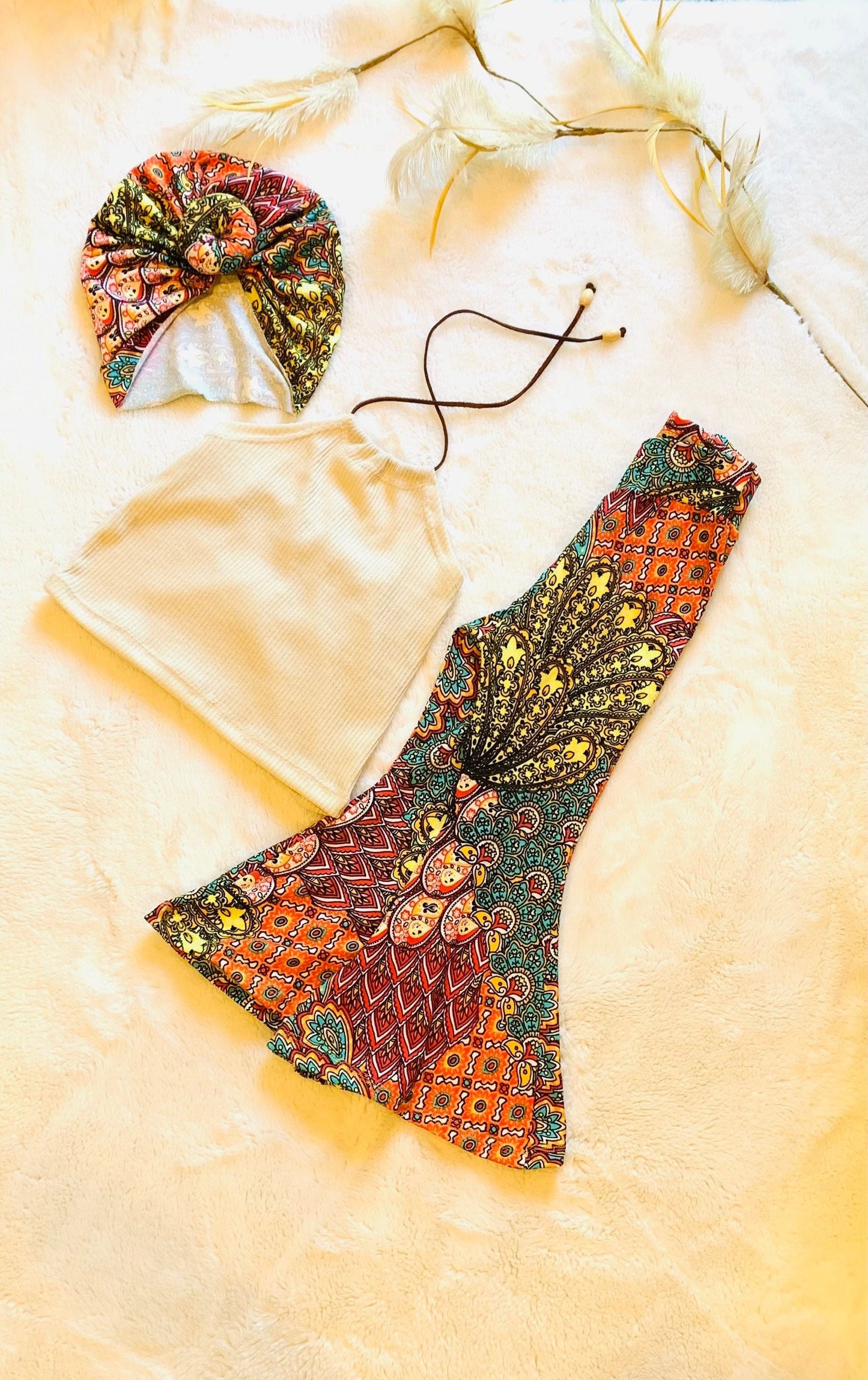 Phoenix Bell Bottoms and Sand Ribbed Halter Top |Kids Bell Bottoms|Newborn Flare Pants|Halter Shirt|Hippie Flare Pants|Boho Chic Clothing