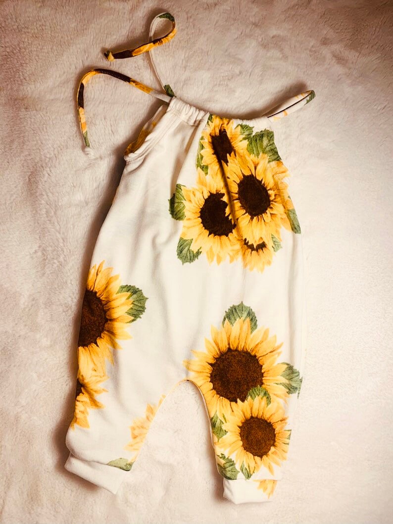 Handmade Sunflower Baby Romper Comfy & Slouchy|Newborn to Kids Sizes|Matching Turbans in Bow or Doughnut Style Sold Separately