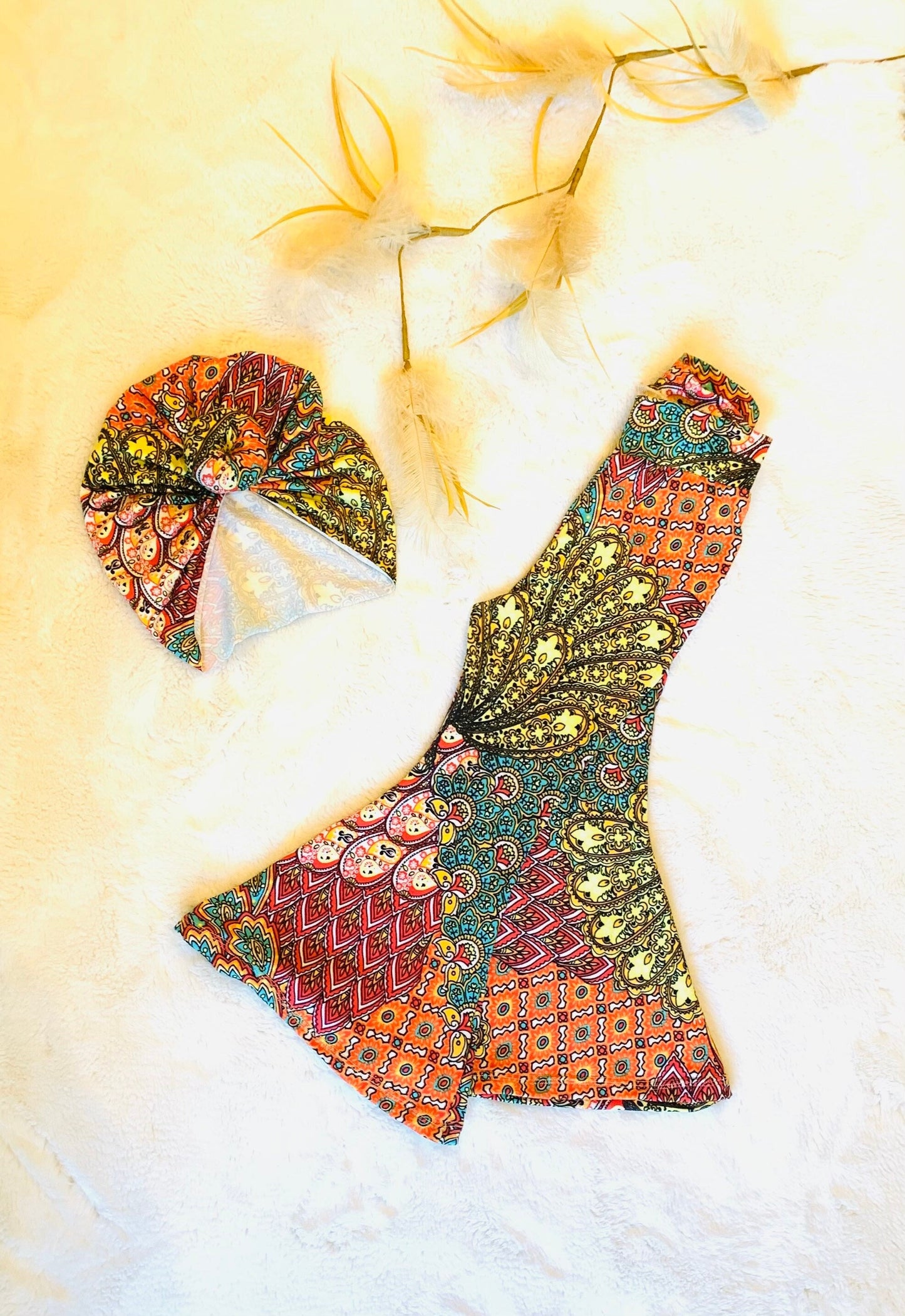 Phoenix Bell Bottoms and Sand Ribbed Halter Top |Kids Bell Bottoms|Newborn Flare Pants|Halter Shirt|Hippie Flare Pants|Boho Chic Clothing