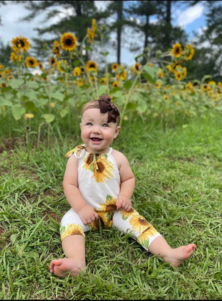 Handmade Sunflower Baby Romper Comfy & Slouchy|Newborn to Kids Sizes|Matching Turbans in Bow or Doughnut Style Sold Separately