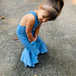 Indigo Lycra Printed  Denim Retro Style Double Layered Bell Bottom Jumpsuit. Playful 70s Inspired Fashion for Babies, Kids and Tweens.